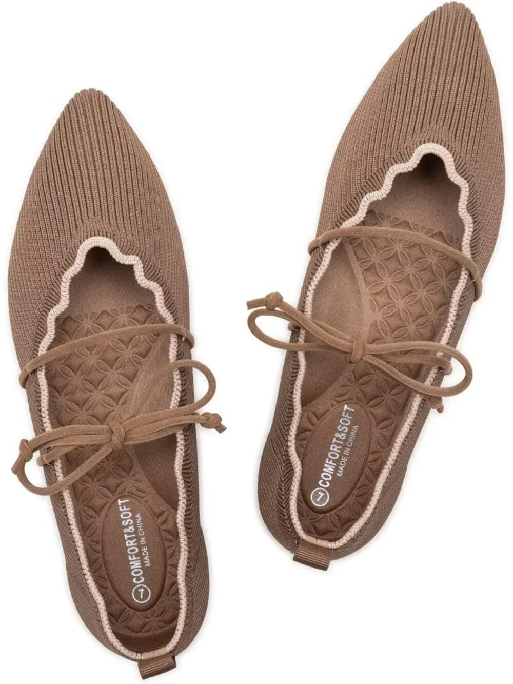 Women's Brown Rubber Knitted Slip On Pointed Toe with Ruffled Vamp Elastic Flats